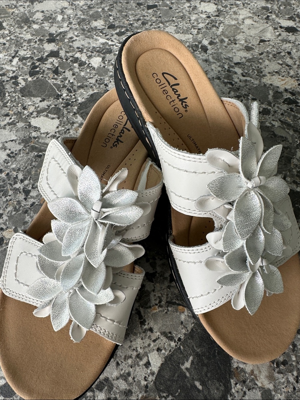 Women's New Clark’s White Floral Leather Slide Sandals - Picture 6 of 6